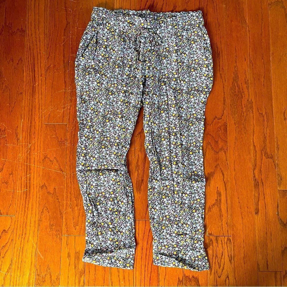 Loft Navy Floral Elastic Waist Ankle Pants Size Small